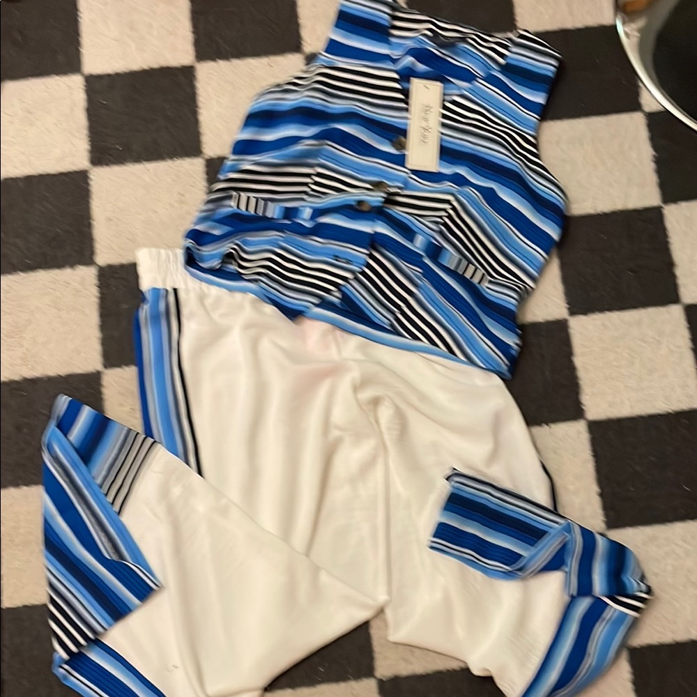 #153. Blue and White Striped Top and Pants Set